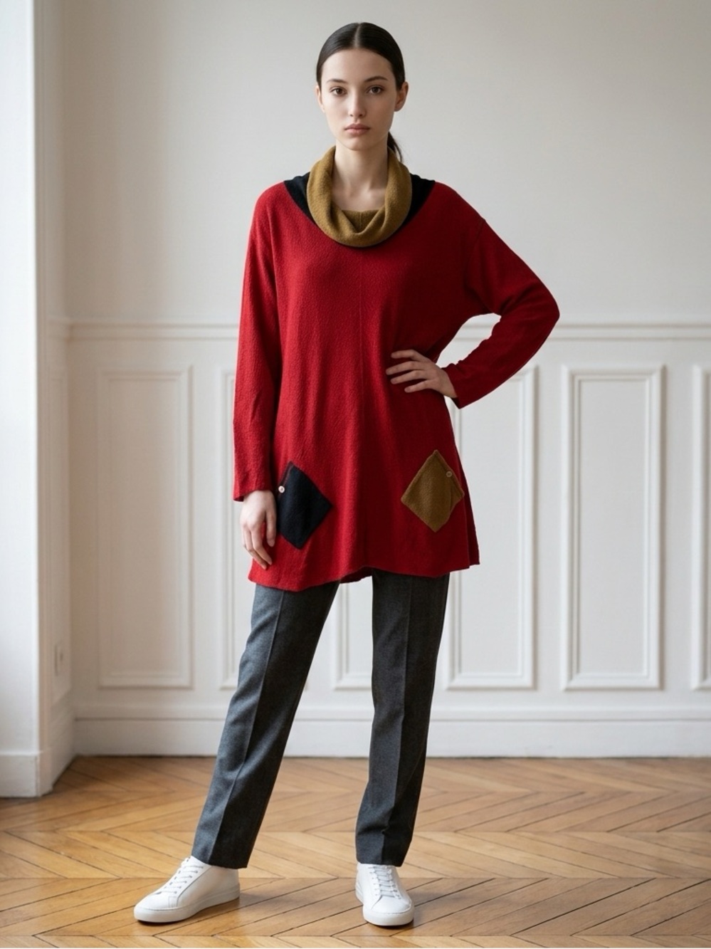 Red Long-Sleeve Tunic Sweater. with Contrasting Pockets and Cowl Neck .